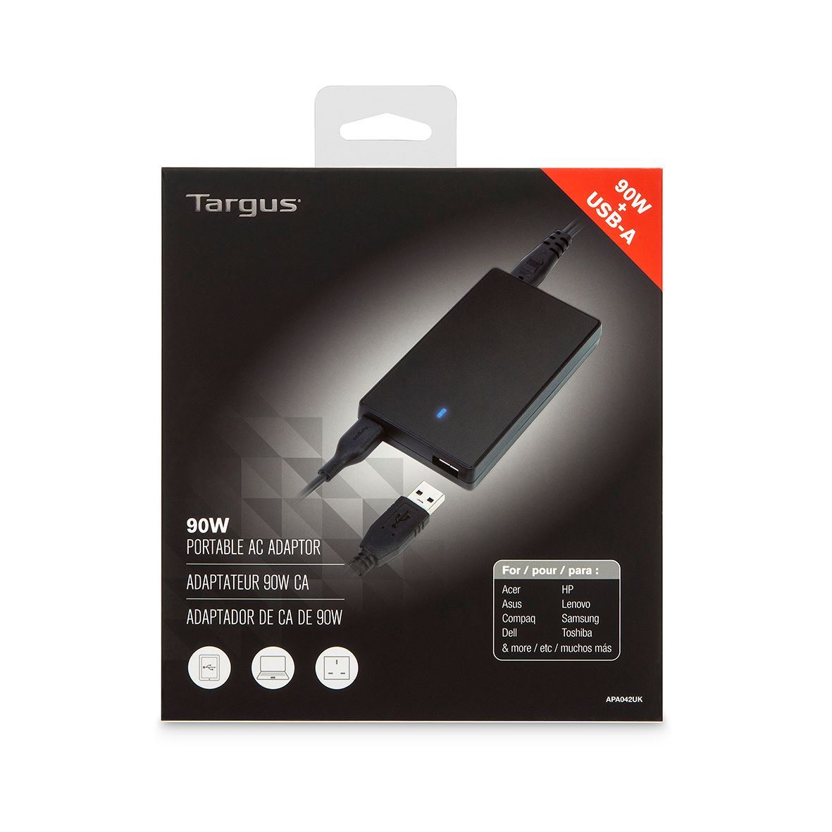 Targus AC Compact Laptop Charger & USB Tablet Charger APA042UK - Black