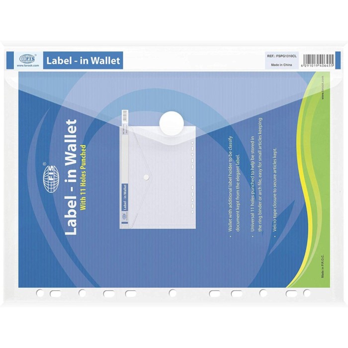 FIS FSPG1310CL Label-in Wallet With 11 Punched Holes Horizontal A4 210 x 297mm - Clear (pc)