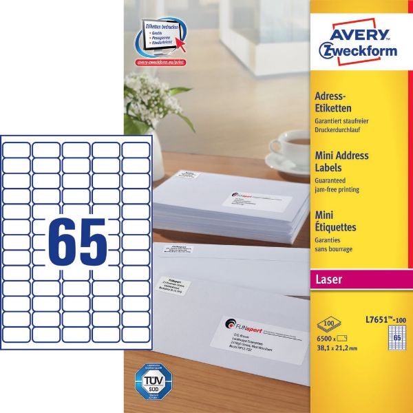 Avery L7651-100 Mini Laser Labels 38x21mm , White (Pkt/6500 Labels)