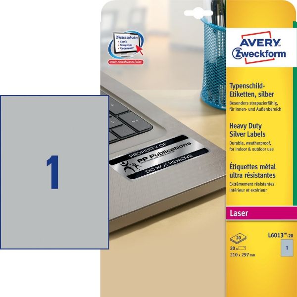Avery L6013-20TM Silver Heavy Duty  Weatherproof Labels 210x297 mm (Pkt/20 Labels)