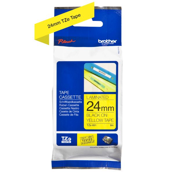 Brother TZe-651 Labelling Tape 24mm x 8m - Black on Yellow (pc)
