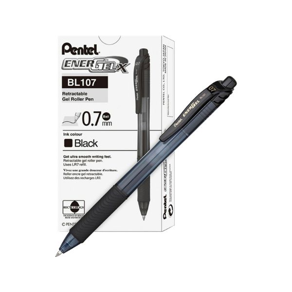 Lot De 12 Stylos Gel Pentel Energel BL107 - Pointe Rétractable 0,7 Mm - Encre Bleue à Séchage Rapide - Confort D'écriture Optimal