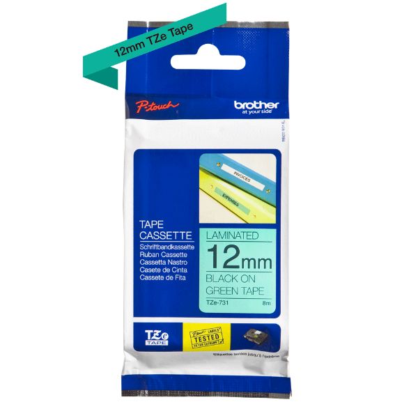 Brother TZe-731 Labelling Tape 12mm x 8m - Black on Green (pc)