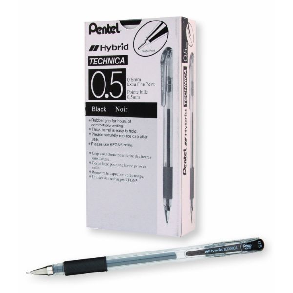 Pentel KN105 Hybrid Technica Gel Ink Pen 0.5mm - Black (pkt/12pcs)