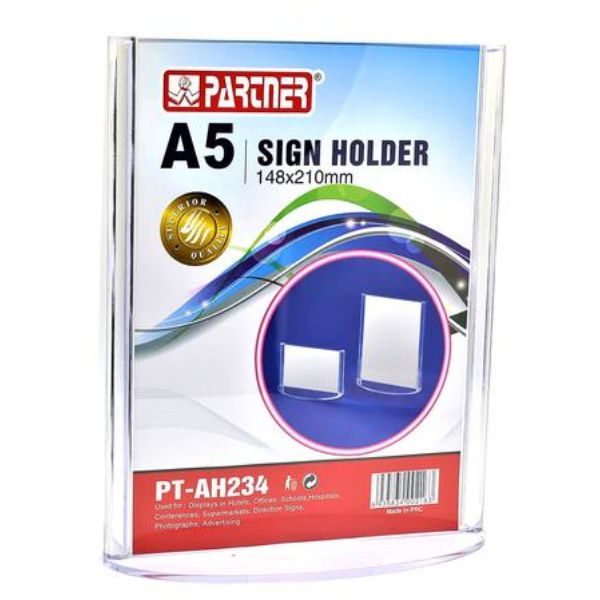 Partner PT-AH234 Acrylic Sign Holder T-Shape Vertical Oval Base A5 148 x 210mm - Clear (pc)