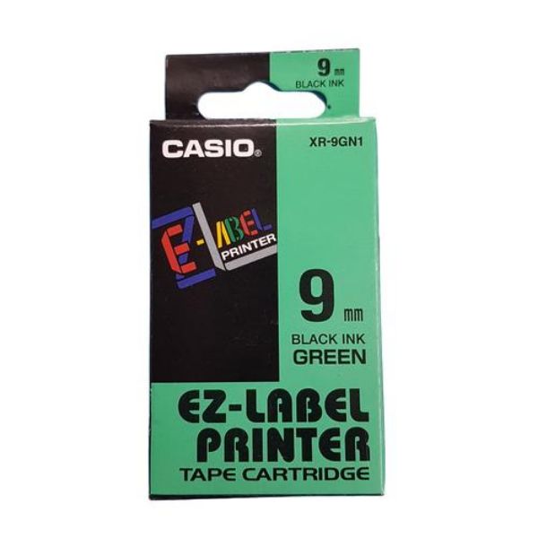 Casio XR-9GN1 EZ Label Printer Tape Cartridge 9mm x 8m - Black on Green (pc)