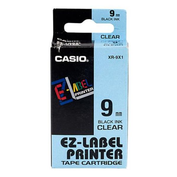 Casio XR-9X1 EZ Label Printer Tape Cartridge 9mm x 8m - Black on Clear (pc)