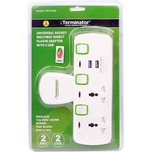 Terminator TMA 2T-2USB 2 Way Universal T Socket With 2USB 2.1Ah Individual Switch And Indicator