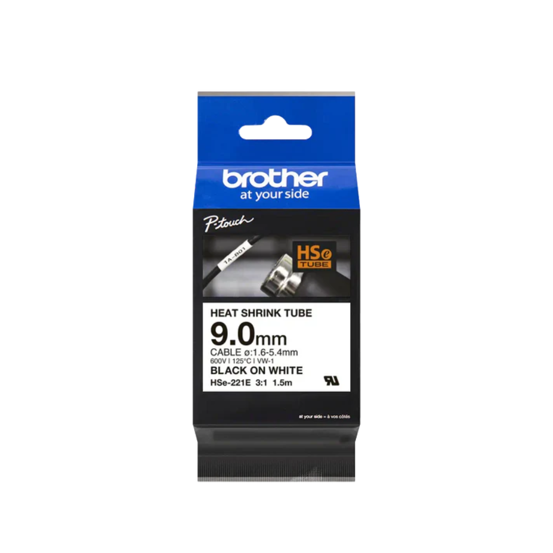 Brother HSE221E HSe-221E Heat Shrink Tube Tape Cassette - Black on White, 9.0mm