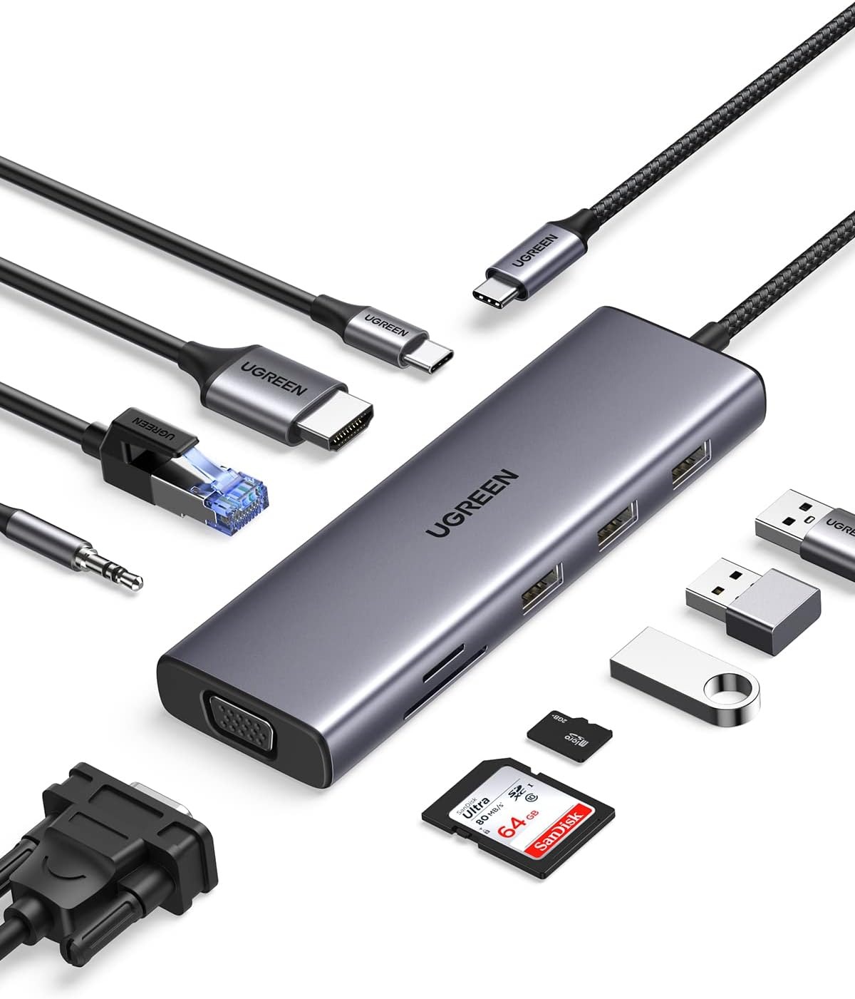 Ugreen Multiport Adapter 10 in 1 USB C, FHD VGA, Dual Video Output Type C Hub, 4K HDMI, SD/TF Slot, Ethernet, USB 3.0 Ports, 3.5mm, PD 100W