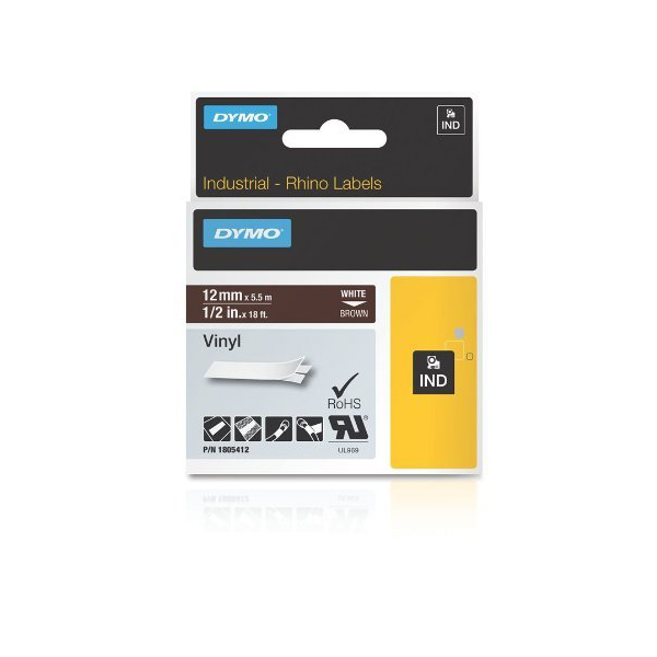 Dymo Rhino 1805412 Vinyl Label Tape 12mm x 5.5m - White on Brown (pc)