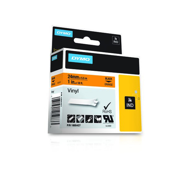 Dymo Rhino 1805427 Vinyl Label Tape 24mm x 5.5m - Black on Orange (pc)