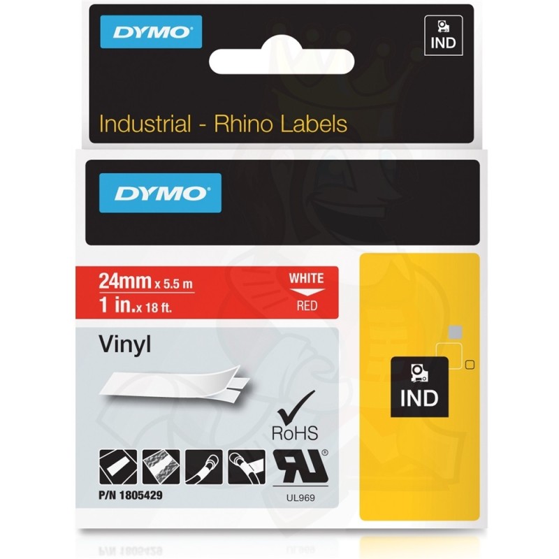 Dymo Rhino 1805429 Vinyl Label Tape Cassette 24mm x 5.5m - White on Red (pc)
