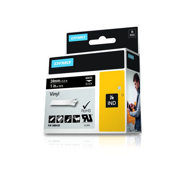 Dymo Rhino 1805432 Vinyl Label Tape 24mm x 5.5m - White on Black (pc)