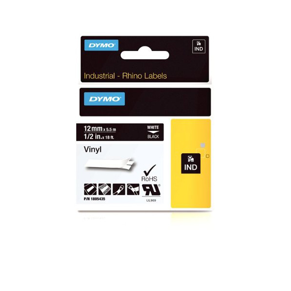 Dymo Rhino 1805435 Vinyl Label Tape 12mm x 5.5m - White on Black (pc)