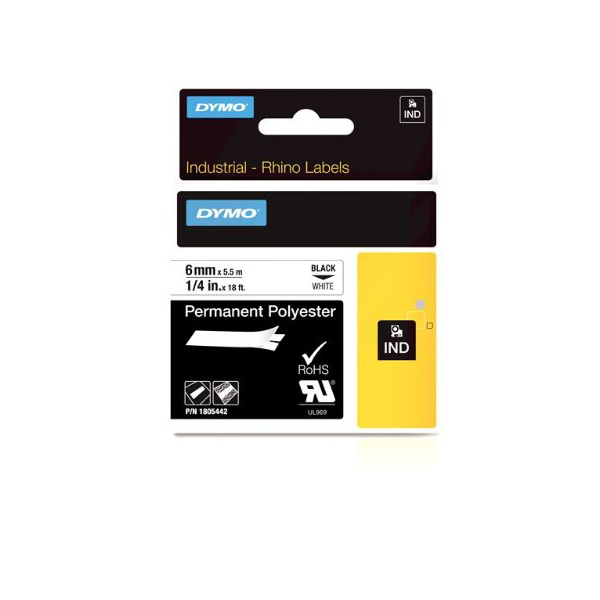 Dymo Rhino 1805442 Permanent Polyester Tape 6mm x 5.5m - Black on White (pc)