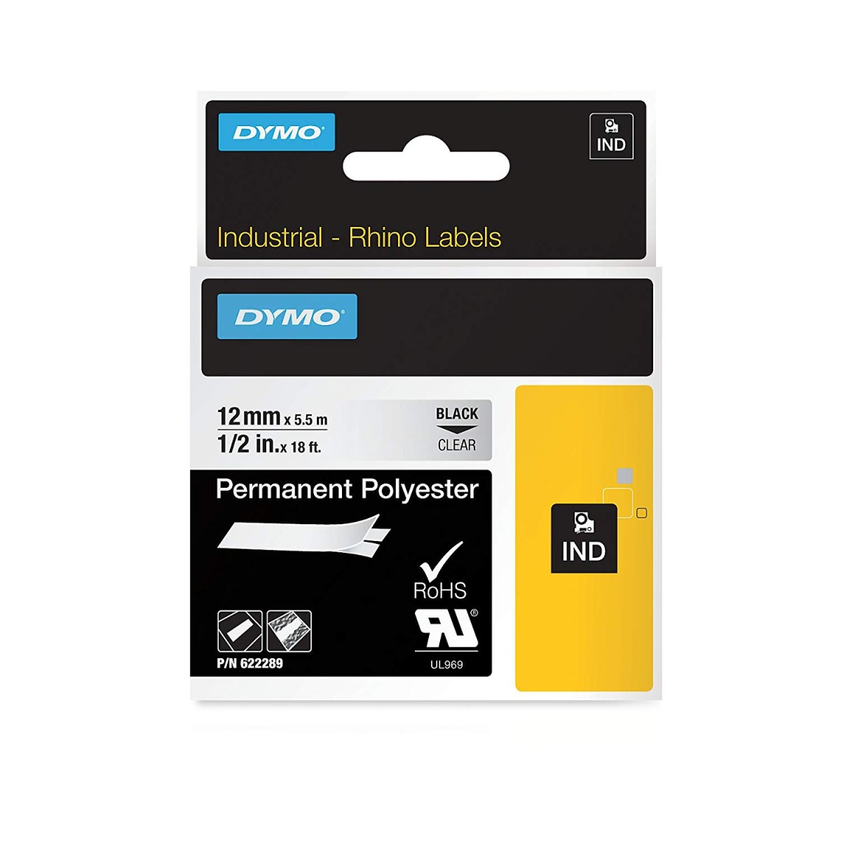 Dymo Rhino 622289 Permanent Polyester Tape 12mm x 5.5m - Black on Clear (pc)