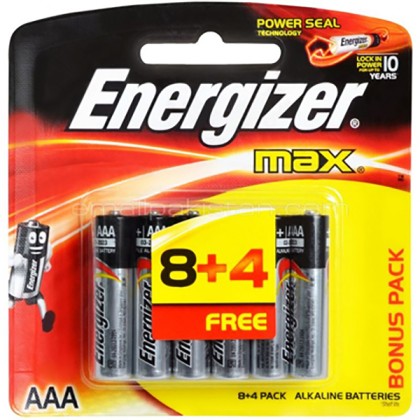 Energizer E92BP12(8+4) Alkaline Max Power Seal Battery AAA Size 1.5V (pkt/12pc)