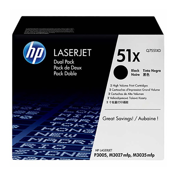 HP 51X Dual Pack High-Yield Laserjet Toner Cartridges (Q7551XD) - Black
