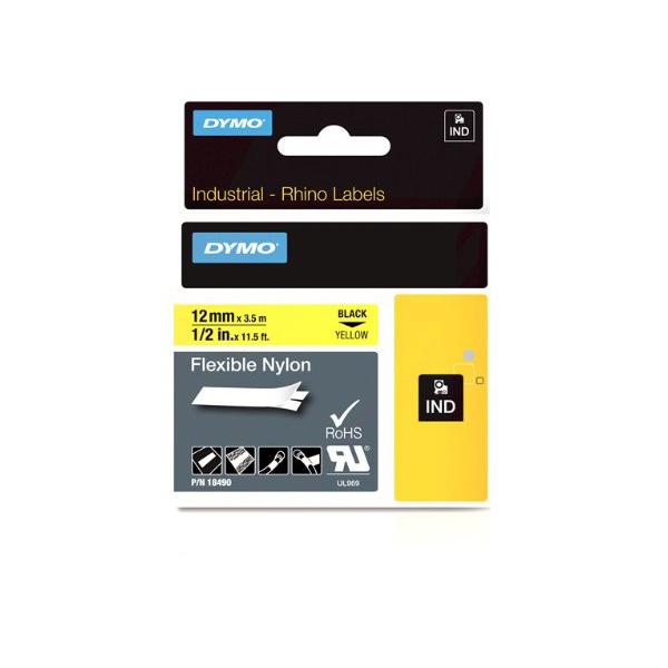 Dymo Rhino S0718080 (18490/18756) Flexible Nylon Tape 12mm x 3.5m - Black on Yellow (pc),