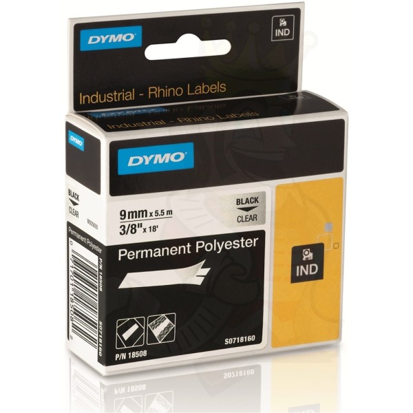 Dymo Rhino S0718160 (18508) Permanent Polyester Tape 9mm x 5.5m - Black on Clear (pc)