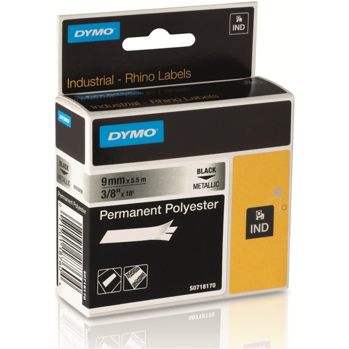 Dymo Rhino S0718170 (18760/18485) Permanent Polyester Tape 9mm x 5.5m - Black on Metallic (pc)