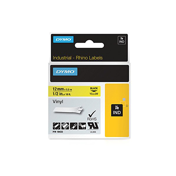 Dymo Rhino S0718450 (18432) Vinyl Label Tape 12mm x 5.5m - Black on Yellow (pc)