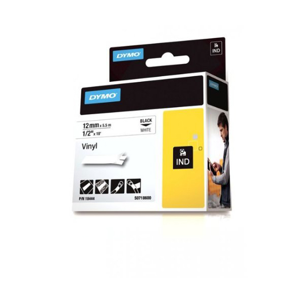 Dymo Rhino S0718600 (18444) Vinyl Label Tape 12mm x 5.5m - Black on White (pc)