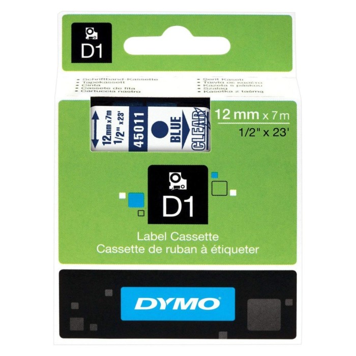 Dymo S0720510 (45011) D1 Standard Self-Adhesive Label Tape 12mm x 7m - Blue on Transparent (pc)