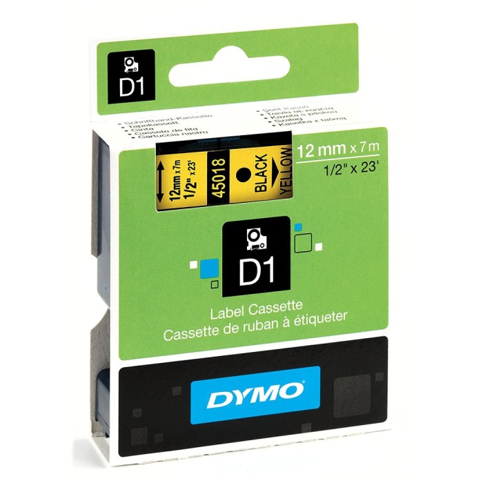 Dymo S0720580 (45018) D1 Standard Self-Adhesive Label Tape 12mm x 7m - Black on Yellow (pc)