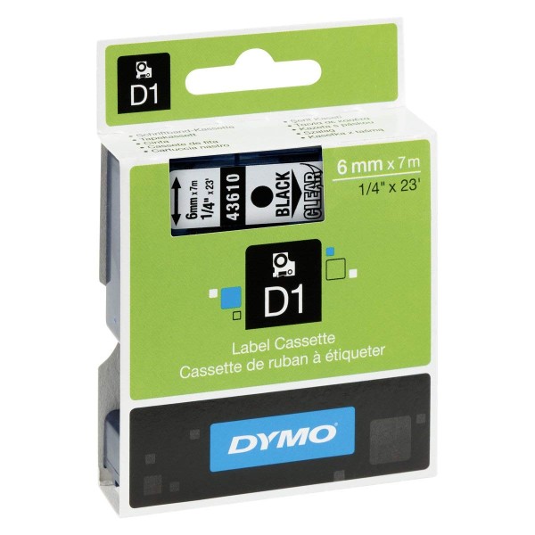 Dymo S0720770 (43610) D1 Label Tape 6mm x 7m - Black on Transparent (pc)