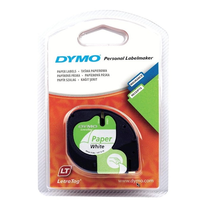 Dymo (91200) LetraTag Self-Adhesive Paper Tape 12 mm x 4 m - Black on White S0721510 (roll)