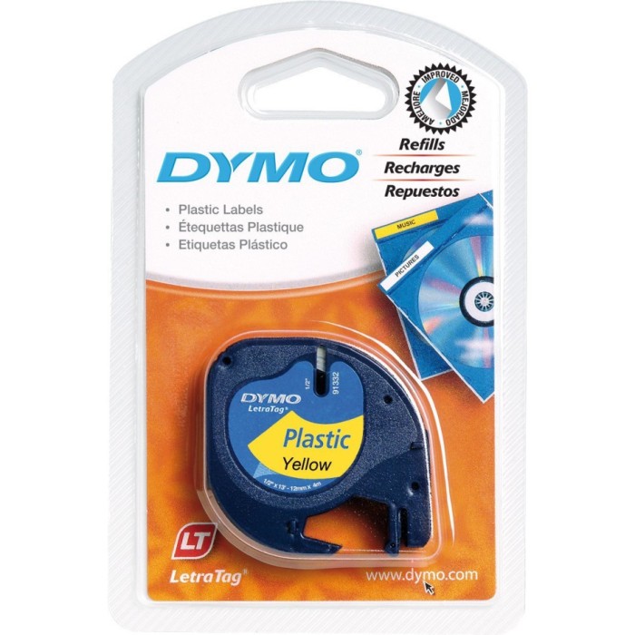 Dymo LetraTag (91202) Plastic Label Tape 12mm x 4m - Black on Yellow S0721620 (pc)