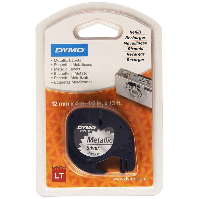 Dymo LetraTag (91208) Plastic Label Tape 12mm x 4m - Black on Metallic S0721730  (roll)