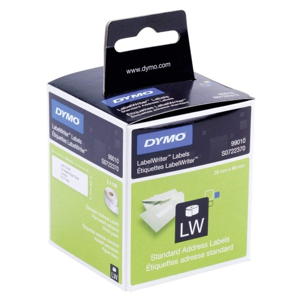 Dymo S0722370 (99010) LabelWriter Self-Adhesive Address Labels 89mm x 28mm - Black Print on White (pkt/2pcs)