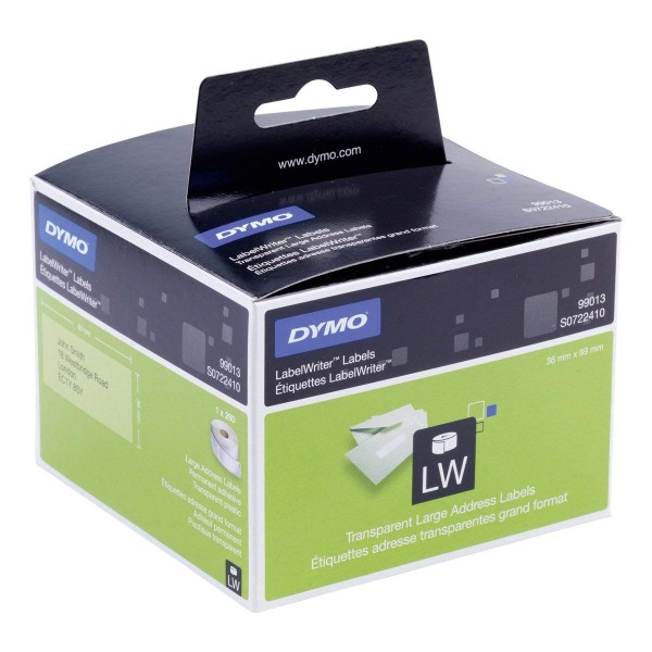 Dymo S0722410 (99013) LabelWriter Transparent Large Address Labels 89mm x 36mm 260 Labels/Roll - Black Print on Clear (roll)