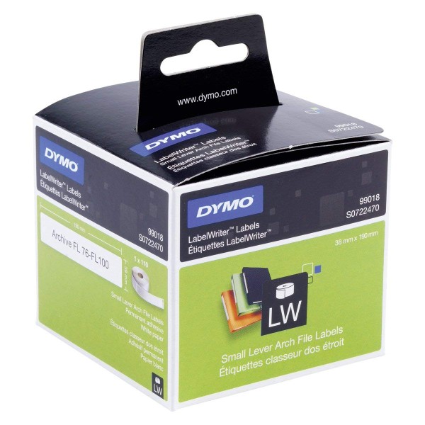 Dymo S0722470 (99018) LabelWriter Small Lever Arch File Labels 38mm x 190mm - Black on White (roll)