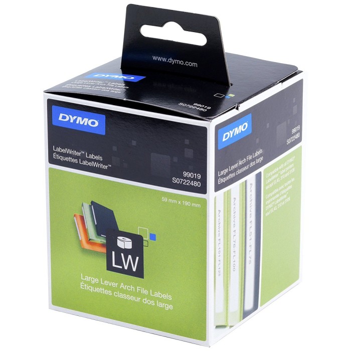 Dymo S0722480 (99019) LW Broad Folder Labels Black on White 190mm x 59mm - 110 Labels/Roll