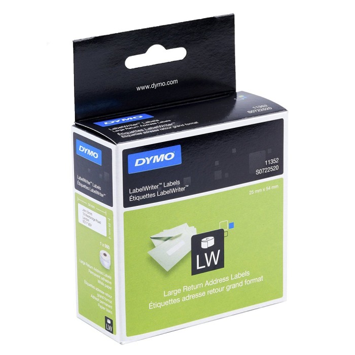 Dymo S0722520 (11352) LabelWriter Large Self-Adhesive Return Address Labels 54mm x 25 mm Roll of 500 - Black Print on White (roll)