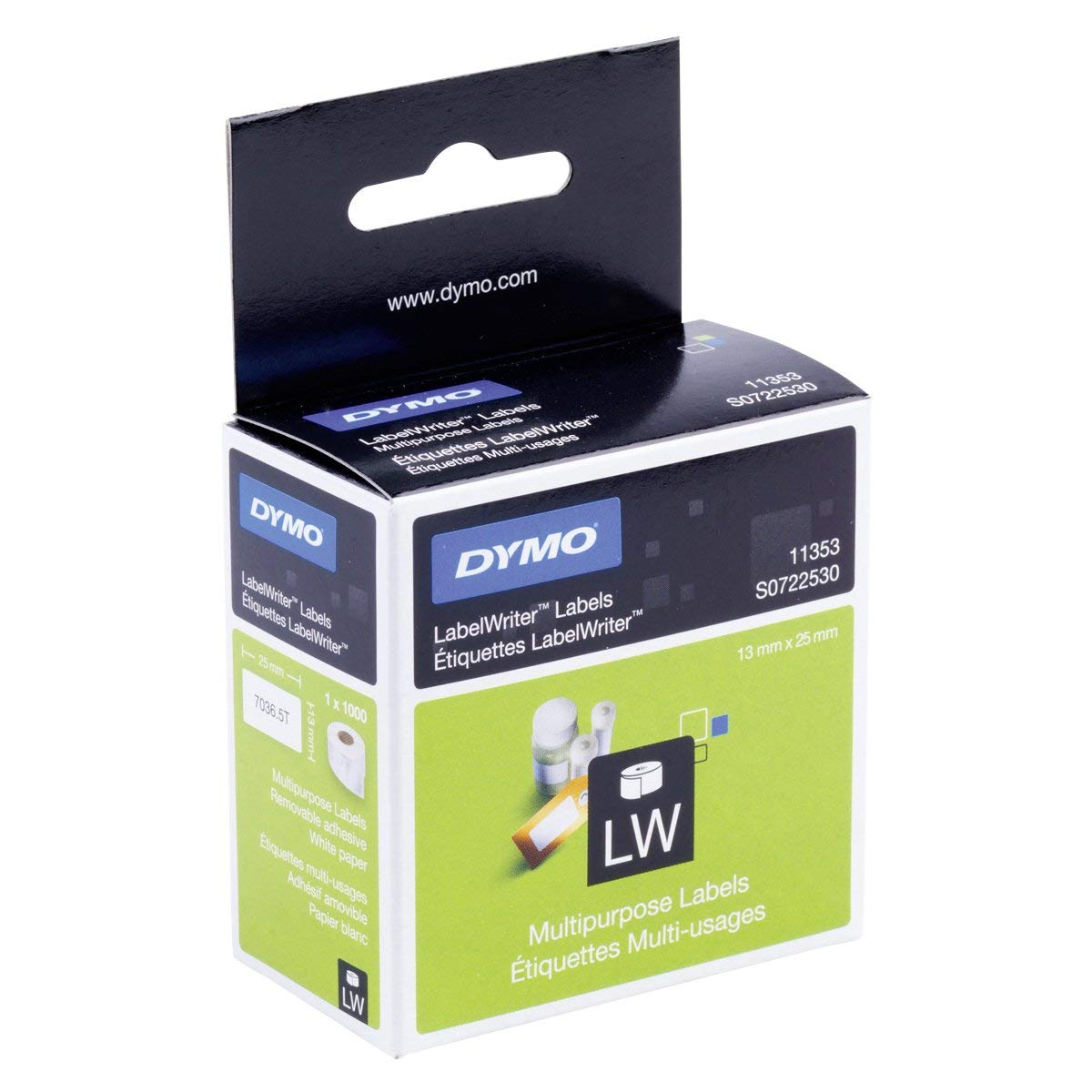Dymo S0722530 (11353) LabelWriter Multi-Purpose Labels 13mm x 25mm - Black on White (roll)