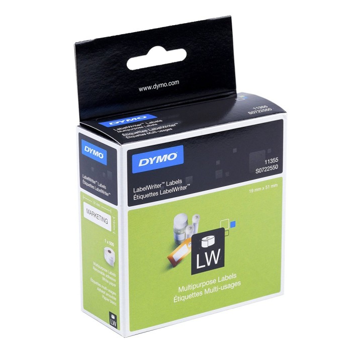 Dymo S0722550 (11355) LabelWriter Multi-Purpose Labels 19mm x 51mm 500 Labels/Roll - Black Print on White (roll)