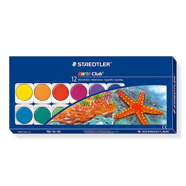 Caja De Acuarelas Staedtler Noris Club 888 NC12 – 12 Pastillas De Colores + Pincel Y Paleta En Estuche De Plástico, Ideal Para Escuela Y Uso Infantil